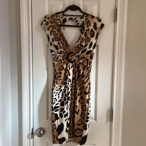 Cache Vintage Animal Print Dress w/ Deep V-Neck & Cut-Out Back